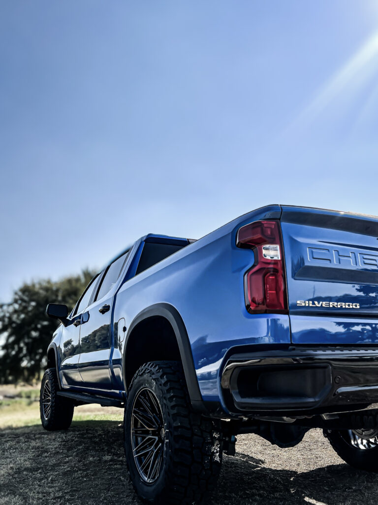 Back shot illustrating the impressive elevation and robust stance of the 2023 Chevy 1500 ZR2, achieved through the meticulous integration of the BDS 4" Lift System.